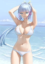 Rule 34 | 1girl, :|, absurdres, arms behind head, arms up, ayaka (genshin impact), bare arms, beach, bikini, blue eyes, blunt bangs, breasts, closed mouth, cloud, collarbone, cowboy shot, genshin impact, gluteal fold, grey hair, hair ribbon, halterneck, hands on own head, highres, ice crystal, large breasts, long hair, navel, ocean, pink ribbon, ponytail, ribbon, rosumerii, sidelocks, sky, solo, stomach, swimsuit, thighs, tress ribbon, twitter username, water, white ribbon