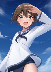 Rule 34 | 1girl, blue one-piece swimsuit, blue sailor collar, blue sky, brown eyes, brown hair, cloud, day, hair between eyes, highres, long sleeves, looking at viewer, miyafuji yoshika, no pants, one-piece swimsuit, open mouth, sailor collar, school swimsuit, short hair, sky, solo, strike witches, swimsuit, swimsuit under clothes, thighs, world witches series, ym (distance819)