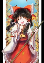 Rule 34 | 1girl, :d, ^ ^, ascot, autumn, autumn leaves, bare shoulders, black hair, blouse, bow, branch, breasts, broom, closed eyes, collar, collared shirt, commentary request, detached sleeves, frilled shirt collar, frills, hair between eyes, hair ornament, hair tubes, hakurei reimu, highres, laughing, leaf, long sleeves, matsukuzu, medium breasts, nontraditional miko, open mouth, priestess, red bow, red shirt, red skirt, ribbon-trimmed sleeves, ribbon trim, shirt, short hair, skirt, smile, solo, touhou, tree, upper body, wide sleeves, yellow ascot