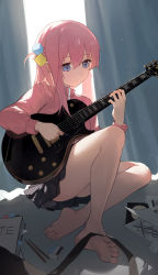 Rule 34 | 1girl, absurdres, barefoot, black skirt, blue eyes, bocchi the rock!, closed mouth, commentary, cube hair ornament, curtains, electric guitar, feet, gotoh hitori, guitar, hair between eyes, hair ornament, highres, instrument, jacket, legs, long hair, long sleeves, music, pink hair, pink jacket, playing instrument, shenqi de (9), sitting, skirt, soles, solo, thighs, toenails, toes