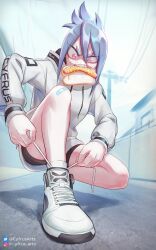 1girl alley black_shorts blue_hair commentary cyfrus full_body highres hot_dog instagram_username mouth_hold original perspective pink_eyes shoes short_shorts shorts sneakers solo sweatdrop twitter_username tying_footwear utility_pole white_shoes white_sneakers