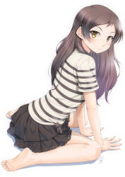 Rule 34 | 1girl, arm support, bare legs, barefoot, black skirt, blush, brown eyes, brown hair, closed mouth, commentary request, forehead, from side, full body, idolmaster, idolmaster million live!, kitazawa shiho, layered skirt, leaning forward, long hair, looking at viewer, looking to the side, miri (ago550421), shirt, short sleeves, signature, simple background, sitting, skirt, solo, striped clothes, striped shirt, wariza, white background, white shirt