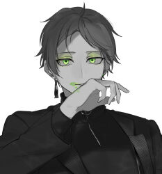 Rule 34 | 1boy, earrings, expressionless, eyeshadow, green eyes, green eyeshadow, green lips, greyscale, hand up, hassan (sink916), highres, jacket, jewelry, lapels, lipstick, long sleeves, looking at viewer, makeup, male focus, monochrome, notched lapels, official art, open clothes, open jacket, parted bangs, parted lips, short hair, simple background, single earring, smeared lipstick, solo, spot color, tassel, tassel earrings, turtleneck, upper body, urashimasakatasen, uratanuki, utaite, white background, wiping mouth