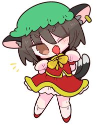 Rule 34 | 1girl, ;d, animal ear fluff, animal ears, blush, bow, bowtie, brown eyes, brown hair, cat ears, cat tail, chen, chibi, earrings, fang, full body, green hat, hat, highres, jewelry, looking at viewer, mob cap, multiple tails, nekomata, notice lines, one eye closed, op na yarou, open mouth, paw pose, petticoat, red skirt, red vest, short hair, simple background, single earring, skirt, smile, solo, tail, touhou, tsurime, two tails, v-shaped eyebrows, vest, white background, white legwear, yellow bow, yellow bowtie