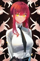 Rule 34 | 1girl, absurdres, black background, black necktie, braid, braided ponytail, breasts, chainsaw man, closed mouth, collared shirt, commentary request, formal, highres, long sleeves, looking at viewer, makima (chainsaw man), medium breasts, medium hair, necktie, office lady, red hair, ringed eyes, shirt, sidelocks, simple background, smile, solo, suit, wellski, white shirt, yellow eyes