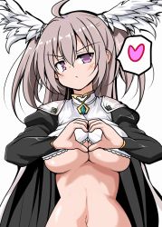 Rule 34 | 1girl, ahoge, blush, breasts, brown hair, character request, frown, head wings, heart, heart-shaped boob challenge, heart hands, large breasts, long hair, looking at viewer, navel, out-of-frame censoring, pink hair, robe, sennen sensou aigis, solo, spoken heart, tsuzuri (tuzuri), underboob, upper body, wings