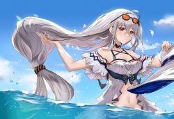 Rule 34 | 1girl, absurdres, ahoge, arknights, bare shoulders, black choker, blue sky, breasts, chinese commentary, choker, cleavage, commentary request, day, eyewear on head, grey hair, hair between eyes, hat, highres, holding, holding clothes, holding hat, li xi de jiumeng, long hair, looking at viewer, low-tied long hair, medium breasts, navel, off-shoulder shirt, off shoulder, official alternate costume, outdoors, parted lips, partially submerged, red eyes, shirt, short sleeves, skadi (arknights), skadi (waverider) (arknights), sky, smile, solo, stomach, sunglasses, unworn hat, unworn headwear, upper body, very long hair, water, white hat, white shirt
