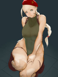 Rule 34 | 1girl, ahoge, alternate breast size, bad id, bad tumblr id, bare shoulders, beret, blonde hair, blue eyes, boots, braid, breasts, cammy white, capcom, combat boots, covered erect nipples, female focus, forehead, full body, gradient background, harness, hat, highleg, highleg leotard, highres, huge ahoge, huge breasts, kneeling, knees together feet apart, large breasts, leotard, lips, mumaya, scar, solo, street fighter, street fighter v, thigh gap, twin braids, unaligned breasts, wide hips