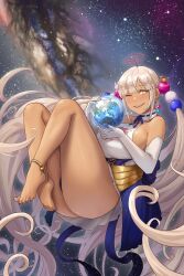 Rule 34 | 1girl, absurdres, anklet, ass, barefoot, blue dress, blue nails, breasts, dark-skinned female, dark skin, detached sleeves, dress, dryseaweed, earrings, earth (planet), floating, floating hair, halo, highres, hololive, hololive english, jewelry, large breasts, long hair, no bra, one eye closed, panties, planet, short twintails, sideboob, smile, space, star (sky), thighs, tsukumo sana, twintails, underwear, very long hair, virtual youtuber