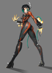 Rule 34 | 1girl, absurdres, aqua hair, ass, black bodysuit, black hair, blush, bodysuit, breasts, claws, closed mouth, covered erect nipples, energy weapon, from behind, full body, glowing, gradient hair, grey background, hair ornament, hair over one eye, hairclip, headgear, highres, kai (pixiv12466647), long legs, looking at viewer, looking back, medium breasts, multicolored bodysuit, multicolored clothes, multicolored hair, orange bodysuit, personification, shiny clothes, short hair, simple background, skin tight, solo, standing, valkyr (warframe), warframe, yellow eyes