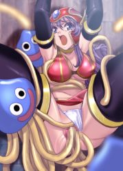 Rule 34 | 1girl, :d, :o, armlet, armor, armpits, arms up, bikini armor, black eyes, black gloves, black thighhighs, bra, breasts, censored, choker, chunsoft, cleavage, clothed sex, clothing aside, dragon quest, dragon quest iii, elbow gloves, enix, fingering, gem, gloves, grabbing, grabbing another&#039;s breast, group sex, healslime, helmet, ichijiku, interspecies, large breasts, lingerie, long hair, monster, mosaic censoring, multiple insertions, open mouth, panties, panties aside, purple eyes, purple hair, pussy, pussy juice, rape, red armor, restrained, slime, smile, soldier (dq3), solo, solo focus, tentacle sex, tentacles, tentacles under clothes, thighhighs, thong, underboob, underwear, white panties