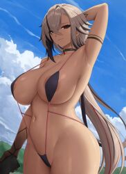 Rule 34 | 1girl, areola slip, arlecchino (genshin impact), arm up, armpits, black eyes, black hair, breasts, closed mouth, day, genshin impact, grey hair, highres, holding, large breasts, long hair, looking at viewer, multicolored hair, navel, one-piece swimsuit, outdoors, red pupils, smile, solo, streaked hair, swimsuit, zaphn