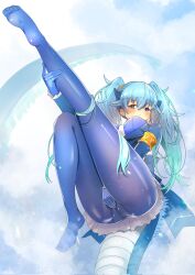 Rule 34 | 1girl, armlet, between breasts, blue eyes, blue gloves, blue hair, blue jacket, blue pantyhose, blue thighhighs, blush, breasts, closed mouth, cloud, cloudy sky, covering crotch, covering privates, dragon girl, dragon tail, extra ears, feet, frilled sleeves, frills, gloves, hair between eyes, hand on own leg, hawawam31677, highres, jacket, kemono friends, large breasts, long hair, long sleeves, looking at viewer, necktie, necktie between breasts, panties, panties under pantyhose, pantyhose, seiryuu (kemono friends), sky, solo, tail, thighhighs, twintails, underwear, very long hair, white necktie