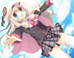Rule 34 | 1girl, :d, bad id, bad pixiv id, blonde hair, blue eyes, blush, bow, cape, cloud, dutch angle, female focus, grey skirt, hat, kinoko (hkn), little busters!, long hair, looking at viewer, miniskirt, noumi kudryavka, open mouth, outdoors, outstretched arms, pink bow, plaid, plaid skirt, pleated skirt, school uniform, skirt, sky, smile, solo, thighhighs, white thighhighs, zettai ryouiki