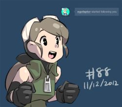 Rule 34 | 1girl, 2012, animated, animated gif, bandana, black eyes, black gloves, blonde hair, clenched hands, dated, elbow pads, excited, gloves, goggles, goggles on head, junkpuyo, original, plume (junkpuyo), ponytail, sleeveless, solo, tumblr, zipper