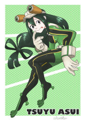 Rule 34 | 1girl, absurdres, artist name, asui tsuyu, black eyes, black hair, bodysuit, boku no hero academia, breasts, character name, frog girl, full body, gloves, goggles, goggles on head, green background, green hair, hair rings, highres, long hair, long tongue, looking at viewer, low-tied long hair, medium breasts, simple background, solo, tongue, tongue out, very long hair, wheather, white gloves