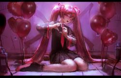Rule 34 | 1girl, absurdres, balloon, black footwear, black skirt, character request, check character, commentary request, fangs, full body, hatena (nazequestion), hatsune miku, heart, heart balloon, heart hands, highres, long hair, long sleeves, looking at viewer, necktie, open mouth, pink eyes, pink hair, pink necktie, pink theme, sakura miku, shoes, sitting, skirt, smile, solo, twintails, very long hair, vocaloid
