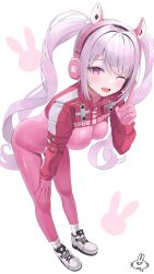 Rule 34 | 1girl, alice (nikke), animal ear headphones, animal ears, awa (awao141), blush, bodysuit, breasts, fake animal ears, gloves, goddess of victory: nikke, grey hair, headphones, headset, highres, impossible bodysuit, impossible clothes, index finger raised, jacket, latex, latex bodysuit, leaning forward, looking at viewer, medium breasts, multicolored clothes, one eye closed, pink bodysuit, pink eyes, pink gloves, pink headphones, red jacket, simple background, sitting, skin tight, solo, twintails, weapon, white background
