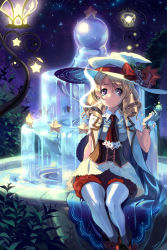 Rule 34 | 1girl, blonde hair, corset, drill hair, food, fountain, fruit, gloves, grapes, hat, hat ribbon, holding, juby, original, pantyhose, purple eyes, ribbon, sitting, solo, star (symbol), white gloves, white pantyhose, witch, witch hat