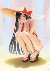 Rule 34 | 1girl, absurdres, anklet, ass, bikini, black hair, breasts, cleavage, darkmuleth, feet, hat, heart, highres, jewelry, long hair, looking at viewer, original, red bikini, red eyes, sandals, smile, solo, squatting, sun hat, swimsuit, toes