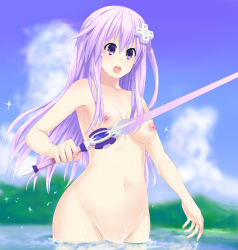 Rule 34 | 10s, 1girl, breasts, cleavage, d-pad, female focus, hair ornament, highres, lake, lolicontroller, long hair, medium breasts, navel, nepgear, neptune (series), nipples, nude, open mouth, purple eyes, purple hair, smile, solo, sparkle, sword, water, water drop, weapon, wet