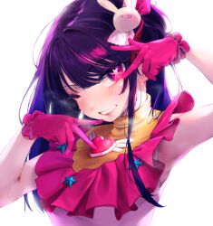 Rule 34 | armpits, arms up, backlighting, blush, brooch, commentary, dress, frilled gloves, frills, gloves, hair ornament, heart, heart brooch, highres, hoshino ai (oshi no ko), idol, idol clothes, jewelry, lips, looking at viewer, naingnaing, one eye closed, oshi no ko, pink dress, pink eyes, pink gloves, pink ribbon, purple hair, rabbit hair ornament, ribbon, sidelocks, simple background, sleeveless, sleeveless dress, smile, star-shaped pupils, star (symbol), star hair ornament, star in eye, sweat, swept bangs, symbol-shaped pupils, symbol in eye, turtleneck, turtleneck dress, upper body, white background
