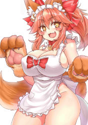 Rule 34 | 10s, 1girl, :3, absurdres, animal ears, animal hands, apron, bell, blush stickers, breasts, cleavage, collar, covered erect nipples, fang, fate/extra, fate/grand order, fate (series), fox ears, fox tail, hair ribbon, highres, large breasts, long hair, looking at viewer, maid headdress, naked apron, neck bell, open mouth, pink hair, ribbon, sideboob, simple background, solo, tail, tamamo (fate), tamamo cat (fate), tamamo cat (third ascension) (fate), tamamo no mae (fate/extra), thighs, togin, white background, yellow eyes