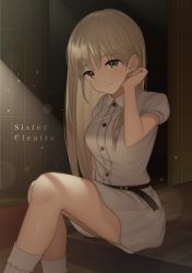 Rule 34 | 1girl, absurdres, belt, blonde hair, character name, earrings, eyelashes, highres, indoors, jewelry, light particles, long hair, looking at viewer, nijisanji, sister claire, sister claire (3rd costume), sitting, solo, stud earrings, virtual youtuber, yellow eyes, yoshihiro12190