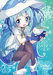 Rule 34 | 1girl, bad id, bad pixiv id, blue eyes, blue hair, cape, character name, fingerless gloves, gloves, hat, hatsune miku, long hair, matching hair/eyes, open mouth, pantyhose, sitting, skirt, snow rabbit, solo, twintails, usaco, very long hair, vocaloid, witch hat, yuki miku, yukine (vocaloid)