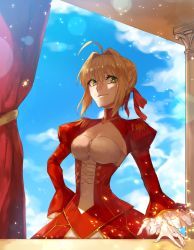 Rule 34 | 10s, 1girl, ahoge, blonde hair, braid, breasts, cleavage, cleavage cutout, clothing cutout, cloud, corset, curtains, day, epaulettes, fate/extra, fate (series), green eyes, hair intakes, hair ribbon, hand on own hip, looking to the side, medium breasts, nero claudius (fate), nero claudius (fate), nero claudius (fate/extra), pillar, puffy sleeves, ribbon, sky, smile, solo, yepnean