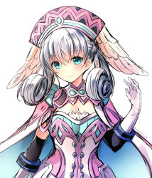 Rule 34 | 1girl, blue eyes, breasts, cape, cleavage, gloves, grey hair, hat, head wings, looking at viewer, medium breasts, melia antiqua, nintendo, planifolia 666, simple background, smile, solo, upper body, white background, white gloves, wings, xenoblade chronicles (series), xenoblade chronicles 1