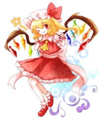 Rule 34 | 1girl, ascot, blonde hair, flandre scarlet, mayo (mayomr29), one eye closed, red eyes, sash, side ponytail, solo, star (symbol), touhou, white background, wings, wrist cuffs