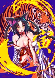 Rule 34 | 1girl, absurdres, animal, animal ear fluff, animal ears, animal print, bare shoulders, barefoot, black hair, blush, breasts, cat ears, cat girl, cat tail, chain, chinese zodiac, cleavage, collar, commentary request, fangs, female focus, fire, hair rings, hairband, high school dxd, highres, japanese clothes, kimono, kuroka (high school dxd), large breasts, likauce, long hair, looking at viewer, multiple tails, nail polish, nekomata, off shoulder, open mouth, print kimono, purple nails, signature, slit pupils, solo, tail, teeth, tiger, tiger print, toenail polish, toenails, tongue, tongue out, year of the tiger, yellow eyes