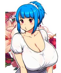 Rule 34 | 1girl, blue hair, blunt bangs, blush stickers, bra, bra visible through clothes, breasts, cleavage, erkaz, huge breasts, original, outline, ponytail, red eyes, rina atherina, shirt, shirt tucked in, short hair, short sleeves, solo, underwear, white bra, white outline, white shirt