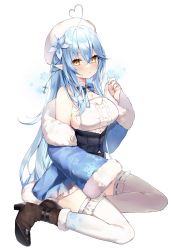 Rule 34 | absurdres, ahoge, beret, blouse, blue bow, blue bowtie, blue coat, blue hair, blue skirt, blush, boots, bow, bowtie, braid, breasts, brown footwear, checkered floor, coat, elf, embarrassed, eyelashes, flower, frilled skirt, frilled thighhighs, frills, fur-trimmed coat, fur-trimmed footwear, fur trim, furrowed brow, hair between eyes, hair flower, hair ornament, half updo, hat, heart, heart ahoge, high collar, high heel boots, high heels, highres, hololive, large breasts, long hair, miniskirt, off-shoulder coat, off shoulder, parted lips, pleated skirt, pointy ears, shirt, sideboob, sitting, skirt, sleeveless, sleeveless shirt, sleeves past fingers, sleeves past wrists, snowflake background, solo, tamafurin, thighhighs, underbust, very long hair, virtual youtuber, white background, white hat, white shirt, white thighhighs, yellow eyes, yukihana lamy