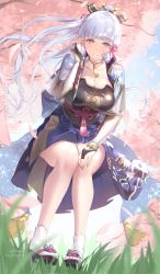 Rule 34 | 1girl, armor, au11, ayaka (genshin impact), blue eyes, blue hair, blush, breastplate, breasts, cherry blossoms, collar, genshin impact, geta, hair ornament, hand on own face, hand up, japanese clothes, large breasts, light blue hair, long hair, looking at viewer, obi, parted lips, ribbon, sash, smile, solo, squatting, tabi, thighs
