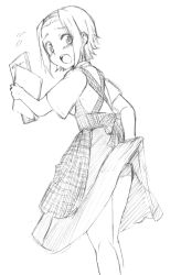 Rule 34 | 1girl, agenasu, clothes lift, dress, dress lift, greyscale, k-on!, monochrome, open mouth, round teeth, short hair, simple background, sketch, solo, tainaka ritsu, teeth, white background