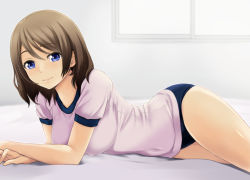 Rule 34 | 1girl, arm support, bed sheet, blue buruma, blue eyes, blush, breasts, brown hair, buruma, closed mouth, covered erect nipples, covered navel, day, gym shirt, gym uniform, indoors, lips, looking at viewer, love live!, love live! sunshine!!, lying, medium breasts, nonaka ritsu, on bed, on stomach, shiny skin, shirt, short hair, short sleeves, smile, solo, swept bangs, tareme, thighs, watanabe you, white shirt, window