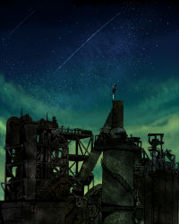 Rule 34 | 1boy, bad id, bad pixiv id, blue theme, chick (artist), comet, construction, dark, facing away, factory, from side, green theme, helot, male focus, meteor, night, night sky, original, outdoors, ruins, scenery, shooting star, sky, solo, standing, star (symbol)