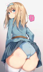 Rule 34 | 1girl, ?, ass, bent over, blonde hair, blue eyes, blue jacket, blue panties, blush, bushinofuji, closed mouth, commentary request, from behind, frown, girls&#039; frontline, hair between eyes, hair ornament, hairband, highres, jacket, long hair, long sleeves, looking back, panties, simple background, skirt, snowflake hair ornament, solo, speech bubble, striped clothes, striped skirt, suomi (girls&#039; frontline), thighhighs, underwear, white thighhighs