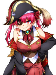 Rule 34 | 1girl, absurdres, aono3, black coat, black headwear, breasts, cleavage, coat, cropped jacket, drill hair, hair ribbon, highres, hololive, houshou marine, large breasts, long hair, red eyes, red hair, red ribbon, ribbon, ringlets, see-through, see-through cleavage, sleeveless, sleeveless jacket, solo, twin drills, twintails, very long hair, virtual youtuber