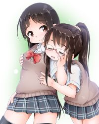 2girls black_hair black_legwear breasts brown_eyes closed_eyes glasses grabbing_another&#039;s_breast groping highres lie long_hair multiple_girls open_mouth original ponytail school_uniform skirt smile sweater_vest thighhighs yuri