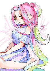 Rule 34 | 1girl, absurdres, chinese commentary, citrusplatsoda, commentary request, covered collarbone, dress, gradient hair, green hair, hair intakes, hair rings, highres, long hair, multicolored hair, nintendo, octoling, octoling girl, octoling player character, pink hair, ponytail, sitting, solo, splatoon (series), tentacle hair, two-tone hair, white background, white dress, yellow eyes
