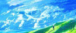 Rule 34 | 1girl, blue sky, blurry, blurry background, cloud, cloud focus, commentary request, fantasy, fence, field, flying whale, from behind, grass, highres, landscape, lifeline (a384079959), long hair, mountainous horizon, scenery, shadow, signature, sky, solo, standing, whale, white hair