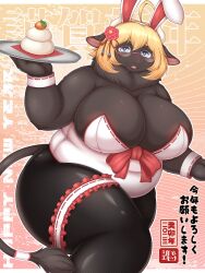 Rule 34 | 1girl, animal ears, black skin, blonde hair, blue eyes, breasts, colored skin, cow ears, cow girl, cow horns, cow tail, fat, female focus, furry, furry female, glasses, highres, horns, huge breasts, japanese text, leotard, looking at viewer, pantyhose, playboy bunny, rabbit ears, shibaemonxsk, solo, tail, translation request