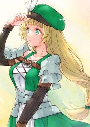 Rule 34 | 1girl, adjusting clothes, adjusting headwear, armor, belt, beret, blonde hair, braid, breasts, brown belt, closed mouth, collarbone, commentary, cross-laced clothes, detached sleeves, dress, ebi puri (ebi-ebi), fire emblem, fire emblem: three houses, gradient background, green dress, green eyes, hat, ingrid brandl galatea, long hair, long sleeves, looking to the side, medium breasts, nintendo, shoulder armor, solo, upper body