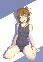 Rule 34 | 1girl, alternate costume, blue background, blue one-piece swimsuit, breasts, brown eyes, brown hair, collarbone, folded ponytail, full body, hair between eyes, highres, inazuma (kancolle), kantai collection, long hair, looking at viewer, mujuuryoku kantai, old school swimsuit, one-piece swimsuit, open mouth, school swimsuit, shadow, small breasts, smile, solo, swimsuit, two-tone background, white background
