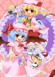 Rule 34 | 6+girls, :d, ascot, bad id, bad pixiv id, bat wings, blonde hair, blush, brooch, chibi, cirno, clenched hand, dress, embodiment of scarlet devil, female focus, flandre scarlet, gem, hat, hong meiling, izayoi sakuya, jewelry, kirisame marisa, looking at viewer, masaki (celesta), mob cap, multiple girls, open mouth, outstretched arms, patchouli knowledge, pink dress, puffy short sleeves, puffy sleeves, red eyes, remilia scarlet, rumia, short sleeves, siblings, silver hair, sisters, size difference, smile, tareme, touhou, wings, witch hat