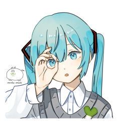 Rule 34 | 1girl, artist logo, artist name, blue eyes, blue hair, collared shirt, commentary, grey vest, hair between eyes, hand up, hatsune miku, highres, long hair, long sleeves, looking at viewer, ok sign, ok sign over eye, open mouth, shirt, simple background, solo, spring onion, twintails, upper body, vest, vocaloid, wandu mook, white background, white shirt