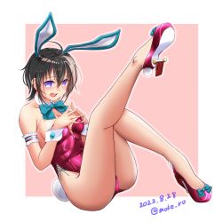Rule 34 | 1girl, animal ears, armband, bare legs, black hair, blue bow, blue bowtie, borrowed character, bow, bowtie, breasts, commentary request, commission, detached collar, full body, highres, leotard, medium breasts, moke ro, original, pink hair, playboy bunny, purple eyes, purple footwear, purple leotard, rabbit ears, rabbit tail, rudder footwear, short hair, skeb commission, solo, steepled fingers, strapless, strapless leotard, tail, wrist cuffs